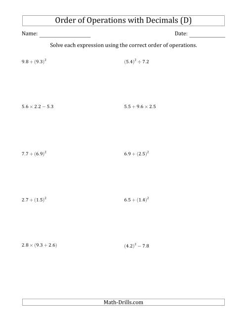 The Order of Operations with Positive Decimals (Two Steps) (D) Math Worksheet