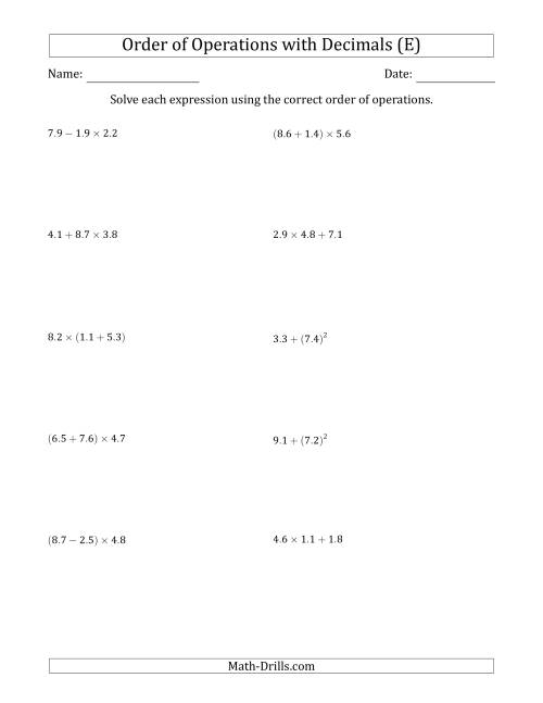 The Order of Operations with Positive Decimals (Two Steps) (E) Math Worksheet
