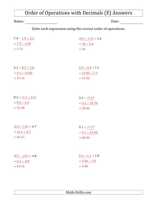 The Order of Operations with Positive Decimals (Two Steps) (E) Math Worksheet Page 2