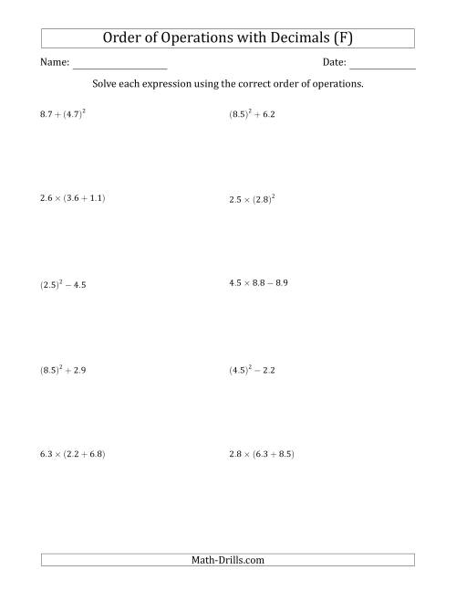 The Order of Operations with Positive Decimals (Two Steps) (F) Math Worksheet