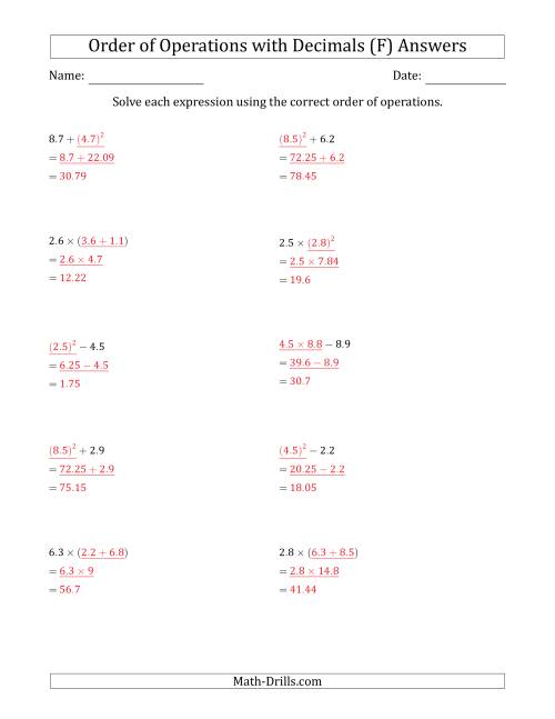 The Order of Operations with Positive Decimals (Two Steps) (F) Math Worksheet Page 2
