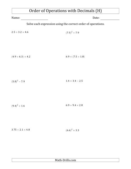 The Order of Operations with Positive Decimals (Two Steps) (H) Math Worksheet