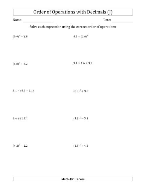 The Order of Operations with Positive Decimals (Two Steps) (J) Math Worksheet