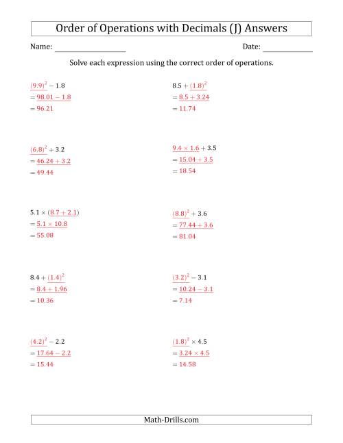 The Order of Operations with Positive Decimals (Two Steps) (J) Math Worksheet Page 2