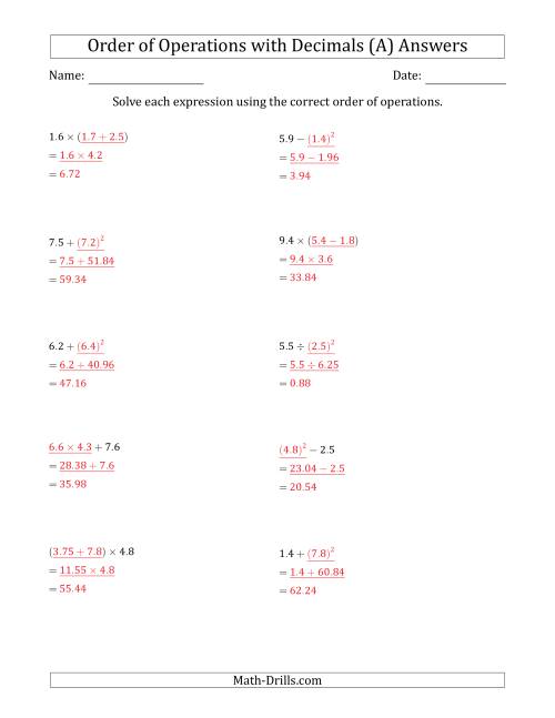 The Order of Operations with Positive Decimals (Two Steps) (All) Math Worksheet Page 2