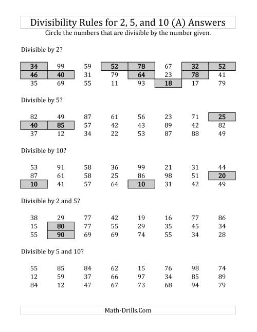 The Divisibility Rules for 2, 5 and 10 (2 Digit Numbers) (A) Math Worksheet Page 2