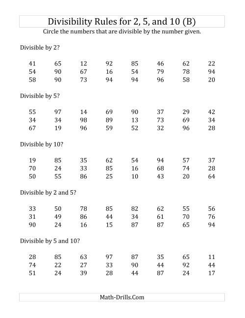 The Divisibility Rules for 2, 5 and 10 (2 Digit Numbers) (B) Math Worksheet