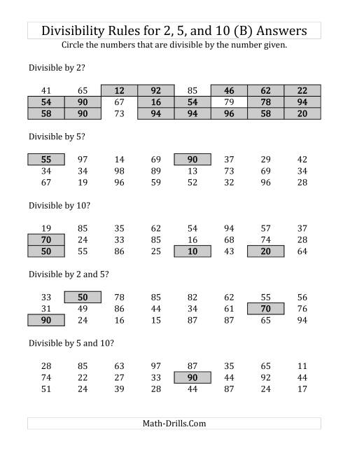 The Divisibility Rules for 2, 5 and 10 (2 Digit Numbers) (B) Math Worksheet Page 2