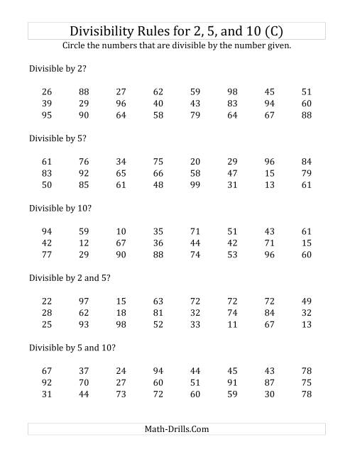 The Divisibility Rules for 2, 5 and 10 (2 Digit Numbers) (C) Math Worksheet