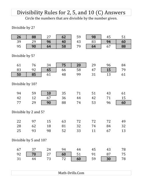The Divisibility Rules for 2, 5 and 10 (2 Digit Numbers) (C) Math Worksheet Page 2