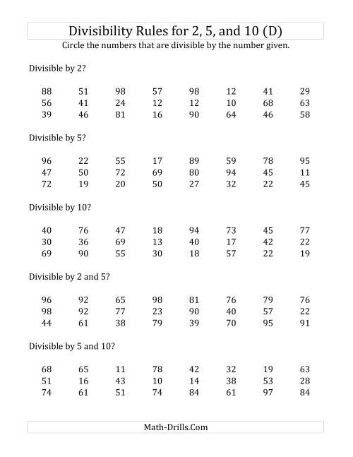The Divisibility Rules for 2, 5 and 10 (2 Digit Numbers) (D) Math Worksheet