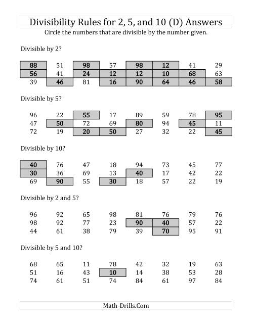 The Divisibility Rules for 2, 5 and 10 (2 Digit Numbers) (D) Math Worksheet Page 2