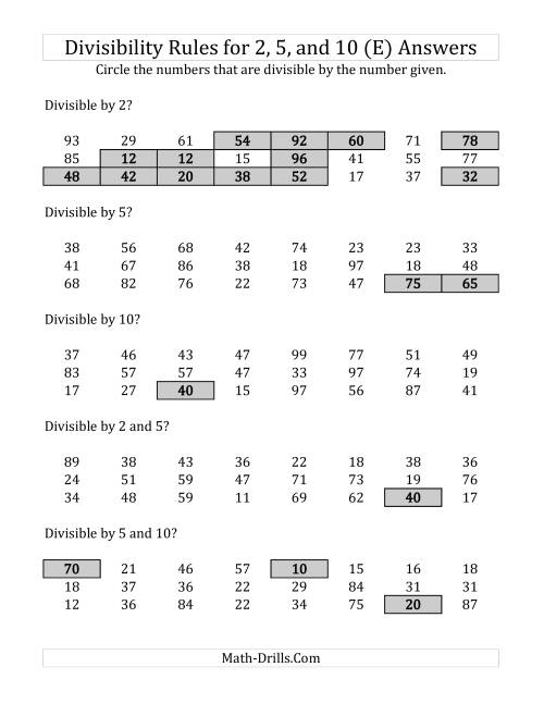 The Divisibility Rules for 2, 5 and 10 (2 Digit Numbers) (E) Math Worksheet Page 2