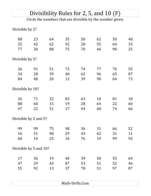 The Divisibility Rules for 2, 5 and 10 (2 Digit Numbers) (F) Math Worksheet