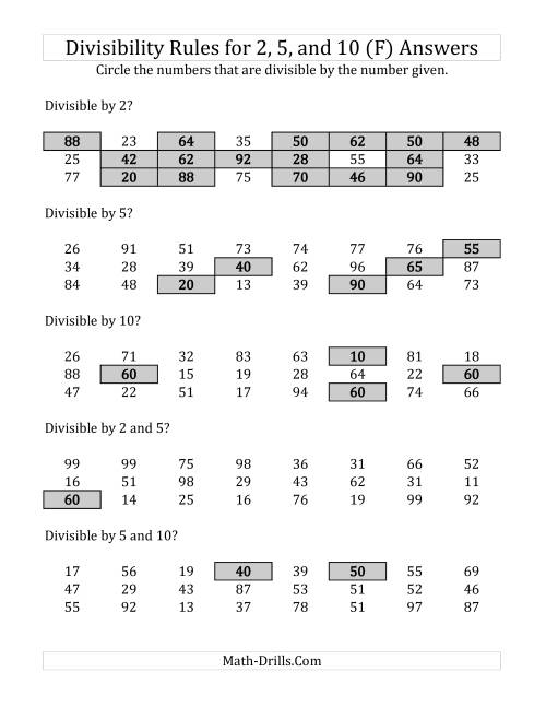 The Divisibility Rules for 2, 5 and 10 (2 Digit Numbers) (F) Math Worksheet Page 2