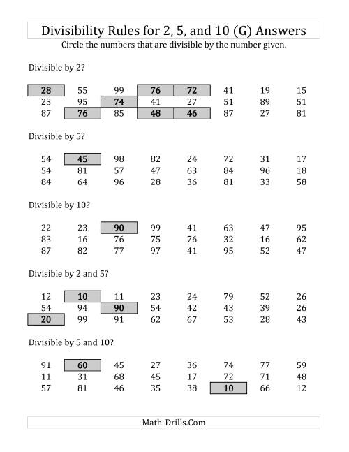The Divisibility Rules for 2, 5 and 10 (2 Digit Numbers) (G) Math Worksheet Page 2