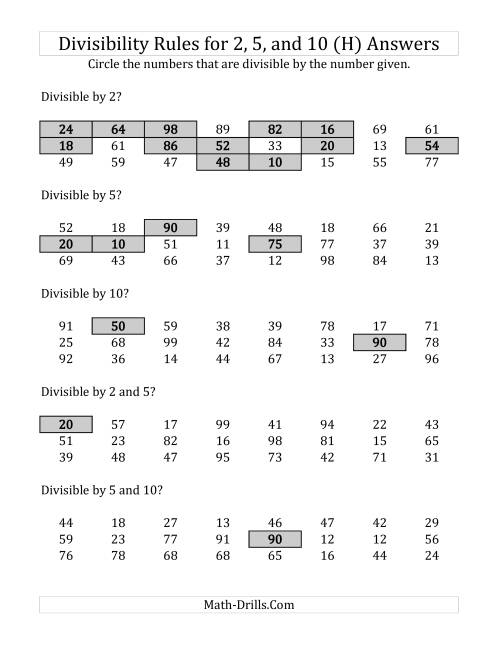 The Divisibility Rules for 2, 5 and 10 (2 Digit Numbers) (H) Math Worksheet Page 2