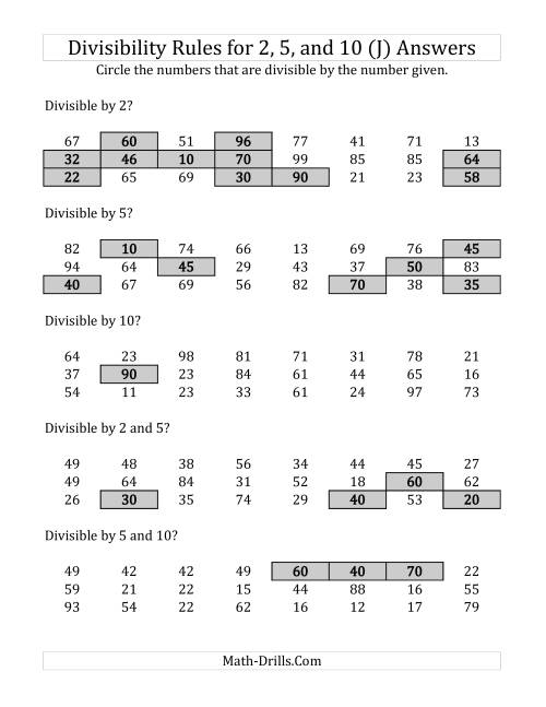 The Divisibility Rules for 2, 5 and 10 (2 Digit Numbers) (J) Math Worksheet Page 2