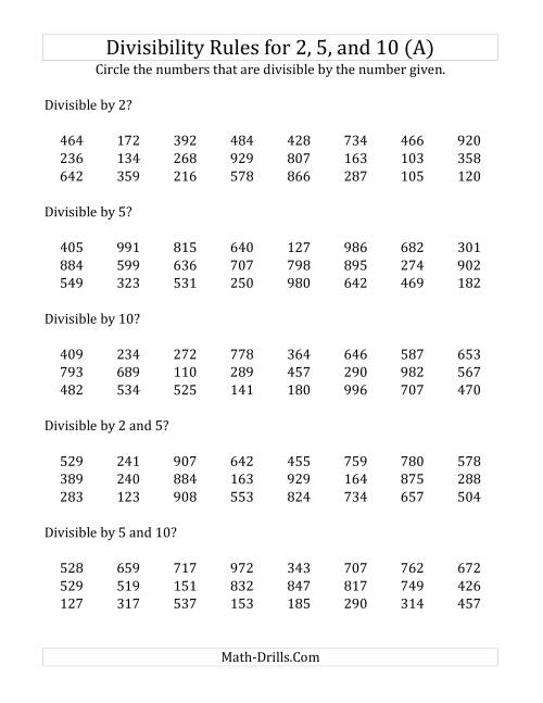 The Divisibility Rules for 2, 5 and 10 (3 Digit Numbers) (A) Math Worksheet
