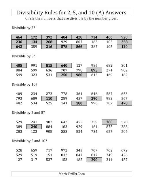 The Divisibility Rules for 2, 5 and 10 (3 Digit Numbers) (A) Math Worksheet Page 2