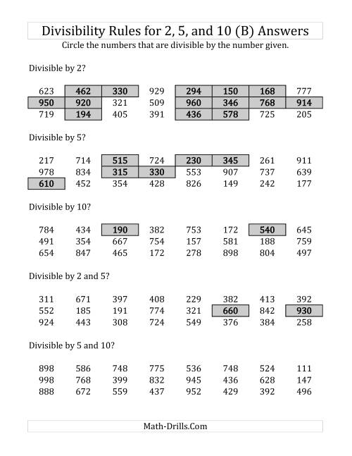 The Divisibility Rules for 2, 5 and 10 (3 Digit Numbers) (B) Math Worksheet Page 2