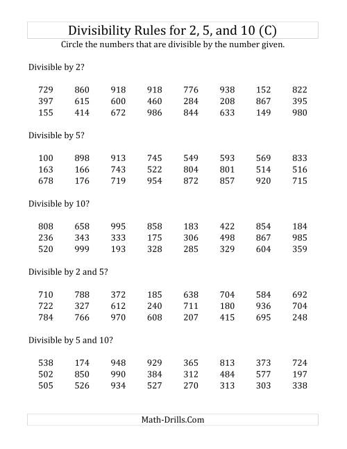 The Divisibility Rules for 2, 5 and 10 (3 Digit Numbers) (C) Math Worksheet