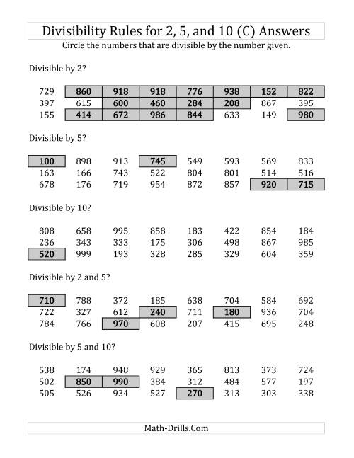 The Divisibility Rules for 2, 5 and 10 (3 Digit Numbers) (C) Math Worksheet Page 2