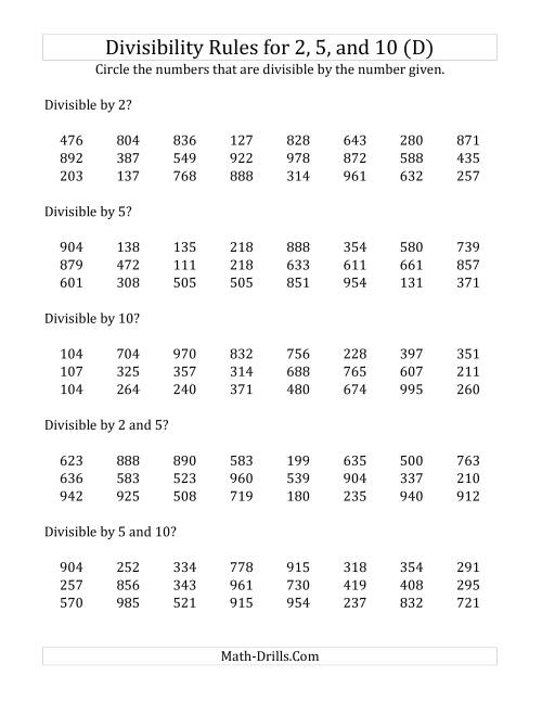 The Divisibility Rules for 2, 5 and 10 (3 Digit Numbers) (D) Math Worksheet