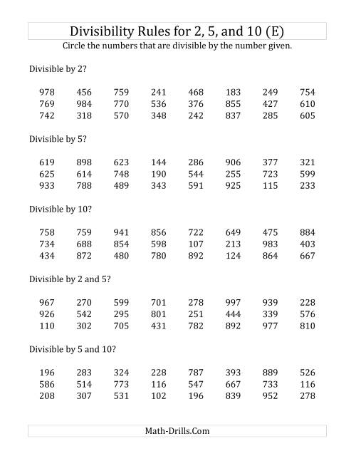 The Divisibility Rules for 2, 5 and 10 (3 Digit Numbers) (E) Math Worksheet