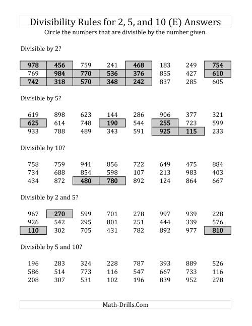 The Divisibility Rules for 2, 5 and 10 (3 Digit Numbers) (E) Math Worksheet Page 2