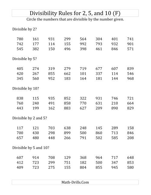 The Divisibility Rules for 2, 5 and 10 (3 Digit Numbers) (F) Math Worksheet