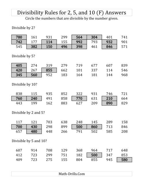 The Divisibility Rules for 2, 5 and 10 (3 Digit Numbers) (F) Math Worksheet Page 2