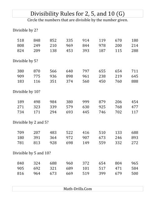 The Divisibility Rules for 2, 5 and 10 (3 Digit Numbers) (G) Math Worksheet