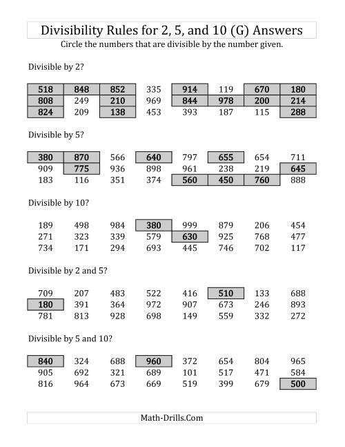 The Divisibility Rules for 2, 5 and 10 (3 Digit Numbers) (G) Math Worksheet Page 2