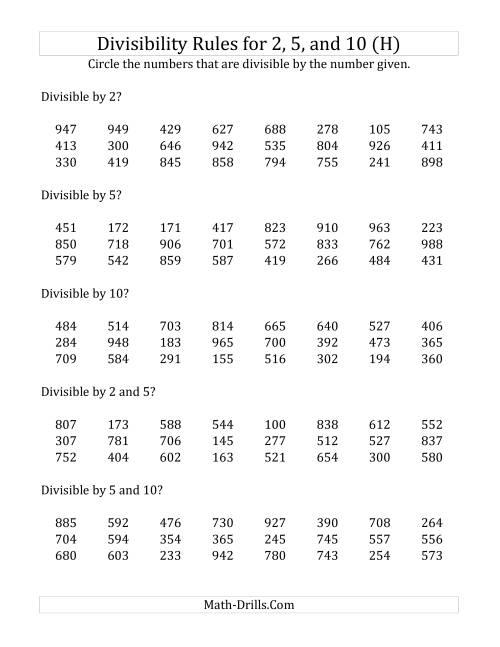 The Divisibility Rules for 2, 5 and 10 (3 Digit Numbers) (H) Math Worksheet