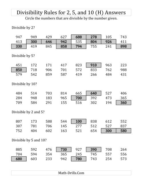 The Divisibility Rules for 2, 5 and 10 (3 Digit Numbers) (H) Math Worksheet Page 2