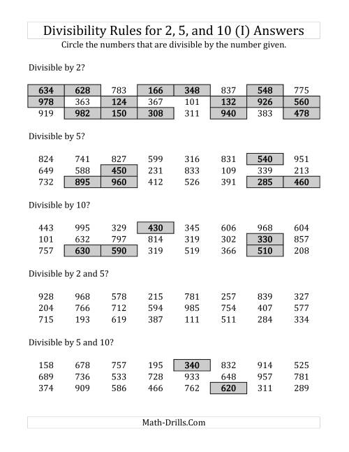 The Divisibility Rules for 2, 5 and 10 (3 Digit Numbers) (I) Math Worksheet Page 2