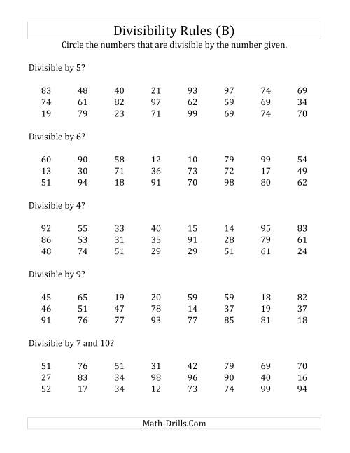 The Divisibility Rules for Numbers from 2 to 10 (2 Digit Numbers) (B) Math Worksheet