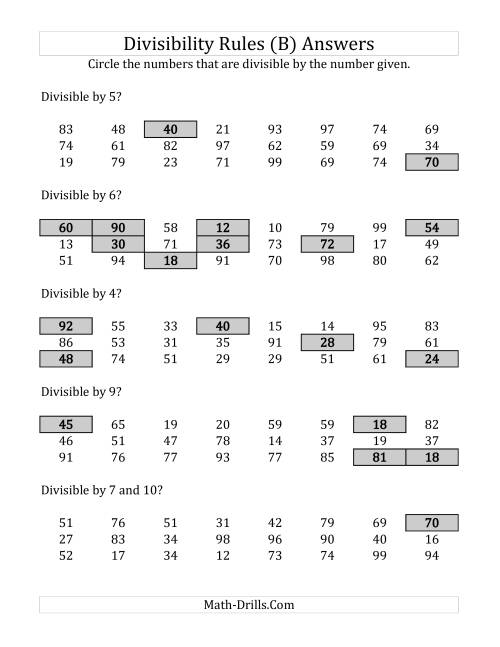 The Divisibility Rules for Numbers from 2 to 10 (2 Digit Numbers) (B) Math Worksheet Page 2