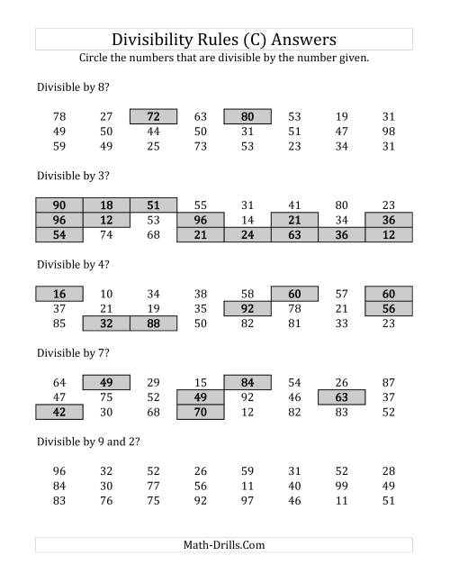 The Divisibility Rules for Numbers from 2 to 10 (2 Digit Numbers) (C) Math Worksheet Page 2