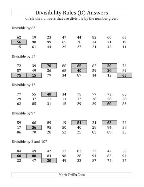 The Divisibility Rules for Numbers from 2 to 10 (2 Digit Numbers) (D) Math Worksheet Page 2