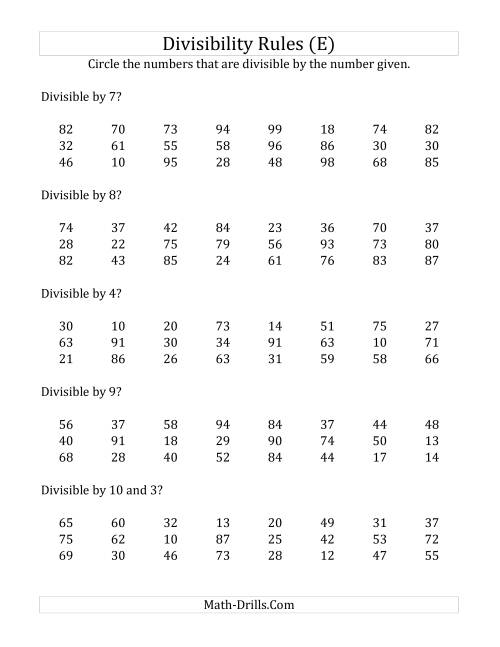 The Divisibility Rules for Numbers from 2 to 10 (2 Digit Numbers) (E) Math Worksheet
