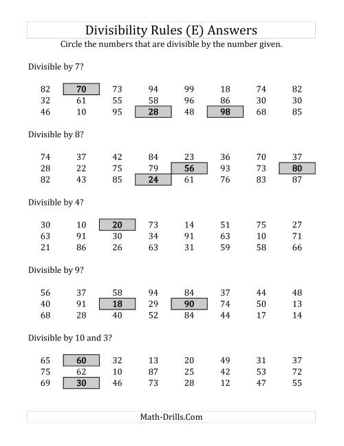 The Divisibility Rules for Numbers from 2 to 10 (2 Digit Numbers) (E) Math Worksheet Page 2