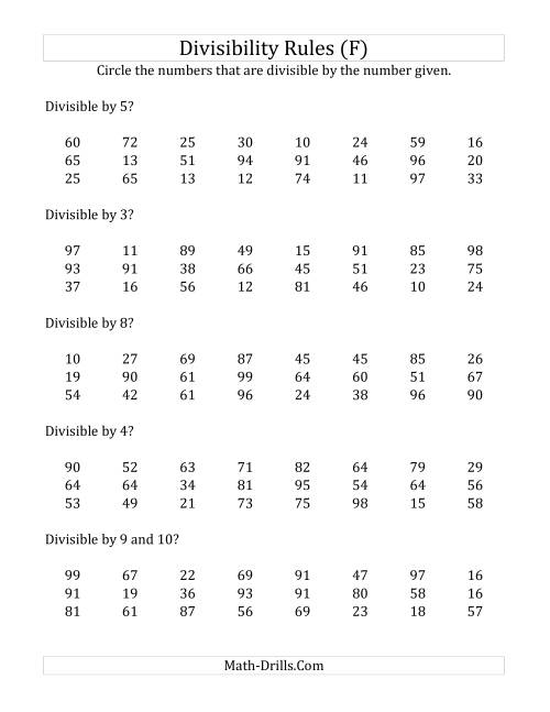 The Divisibility Rules for Numbers from 2 to 10 (2 Digit Numbers) (F) Math Worksheet