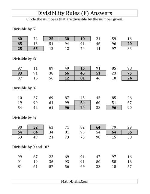The Divisibility Rules for Numbers from 2 to 10 (2 Digit Numbers) (F) Math Worksheet Page 2