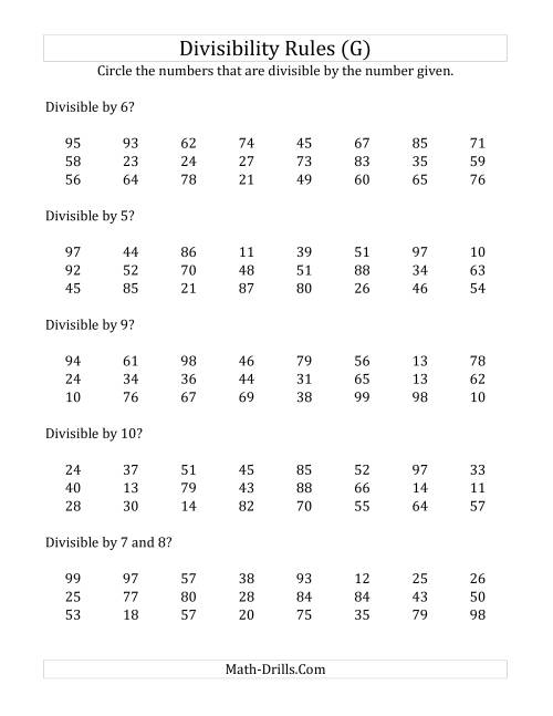 The Divisibility Rules for Numbers from 2 to 10 (2 Digit Numbers) (G) Math Worksheet
