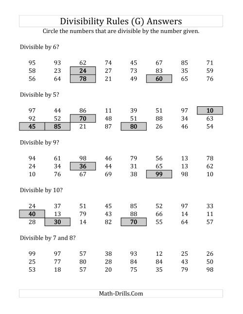 The Divisibility Rules for Numbers from 2 to 10 (2 Digit Numbers) (G) Math Worksheet Page 2