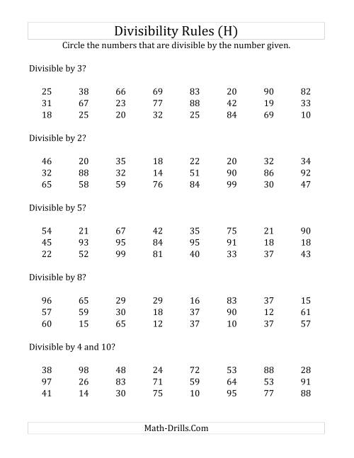 The Divisibility Rules for Numbers from 2 to 10 (2 Digit Numbers) (H) Math Worksheet