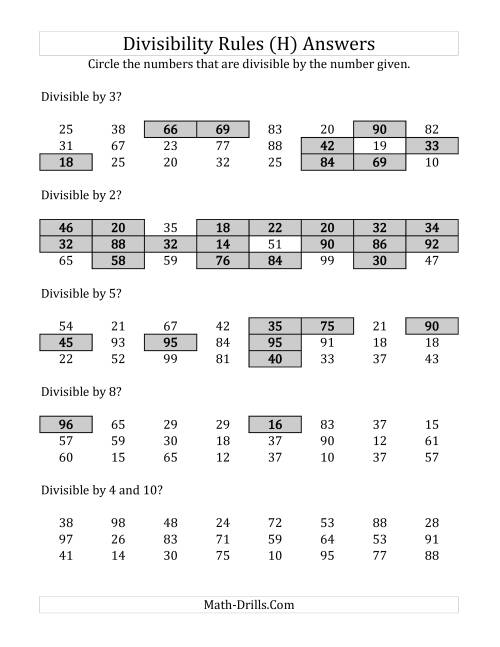 The Divisibility Rules for Numbers from 2 to 10 (2 Digit Numbers) (H) Math Worksheet Page 2