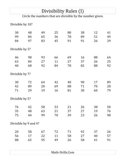 The Divisibility Rules for Numbers from 2 to 10 (2 Digit Numbers) (I) Math Worksheet